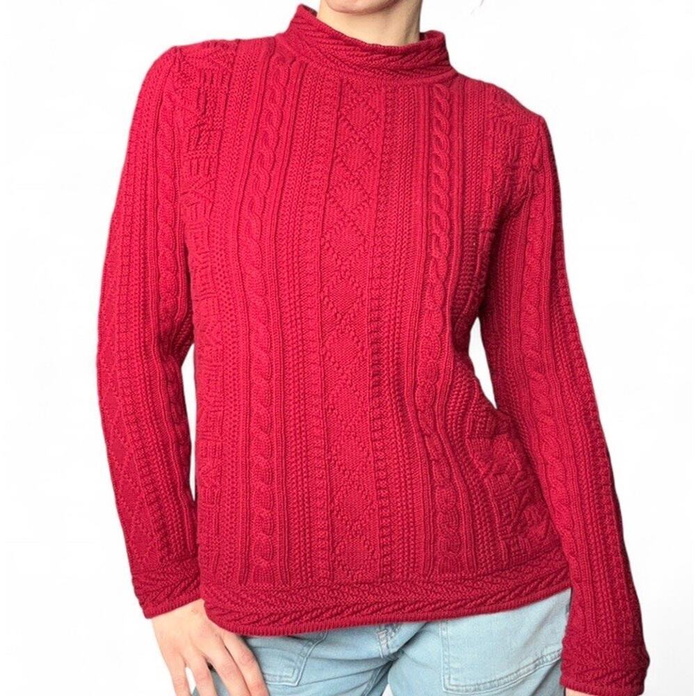 Vintage LL Bean Women’s Cableknit Mock Neck Sweater Red 100% Cotton Medium